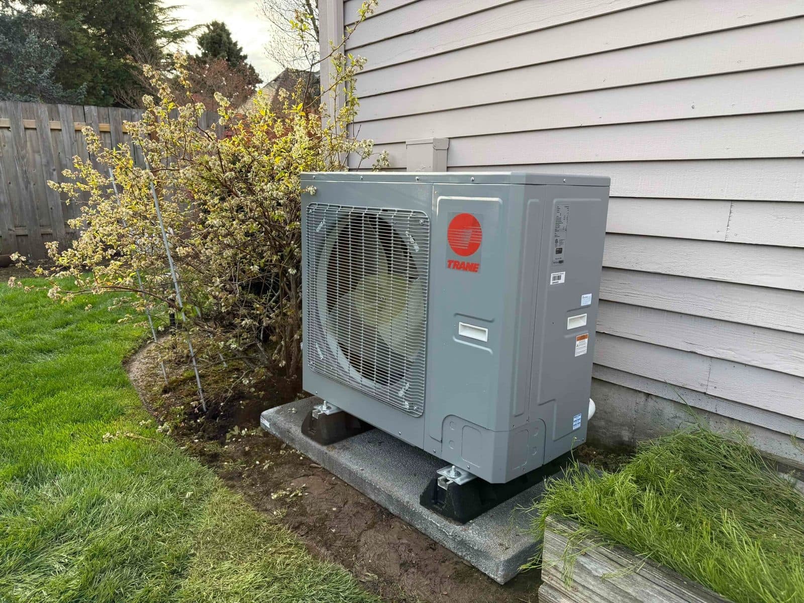 Trane heat pump unit professionally installed on a concrete pad beside an Oregon home
